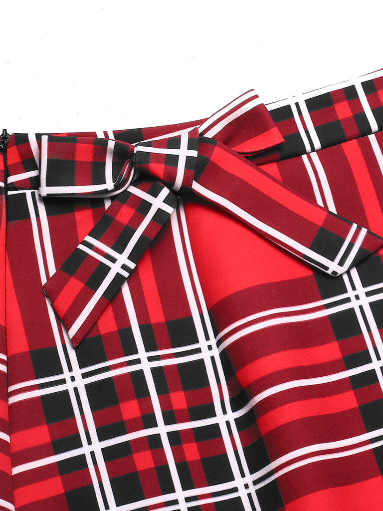 Rot 1970er Tartan Plaids Bogen Rüschen Rock