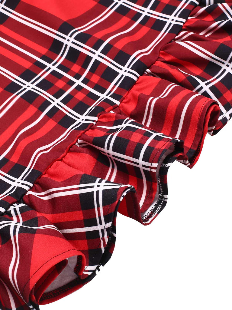 Rot 1970er Tartan Plaids Bogen Rüschen Rock