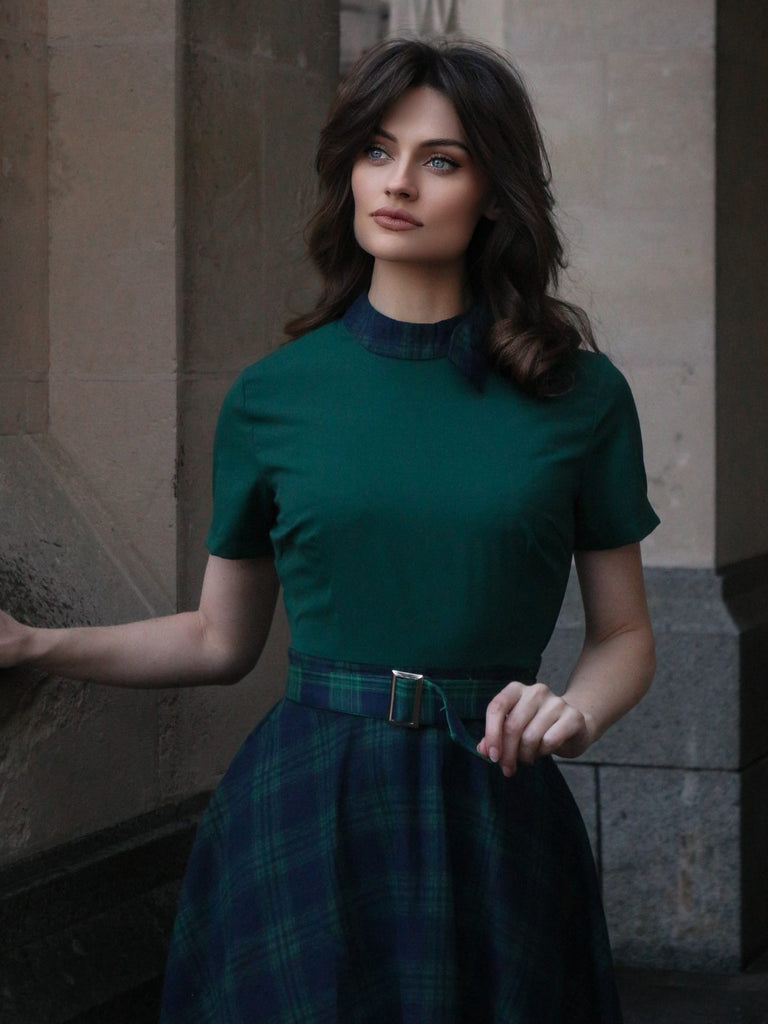 Grün 1950er Krawattenhals Plaids Patchwork Kleid