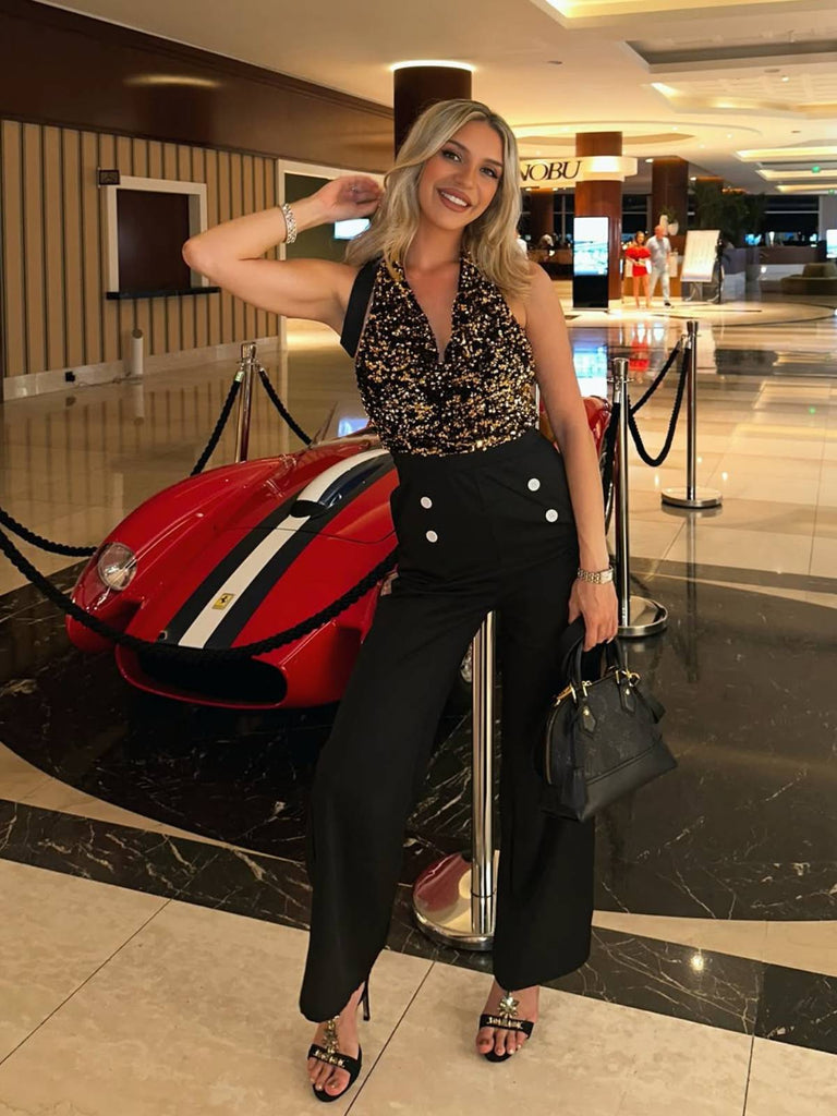 Gold 1930er Wasserfallausschnitt Pailletten Jumpsuit