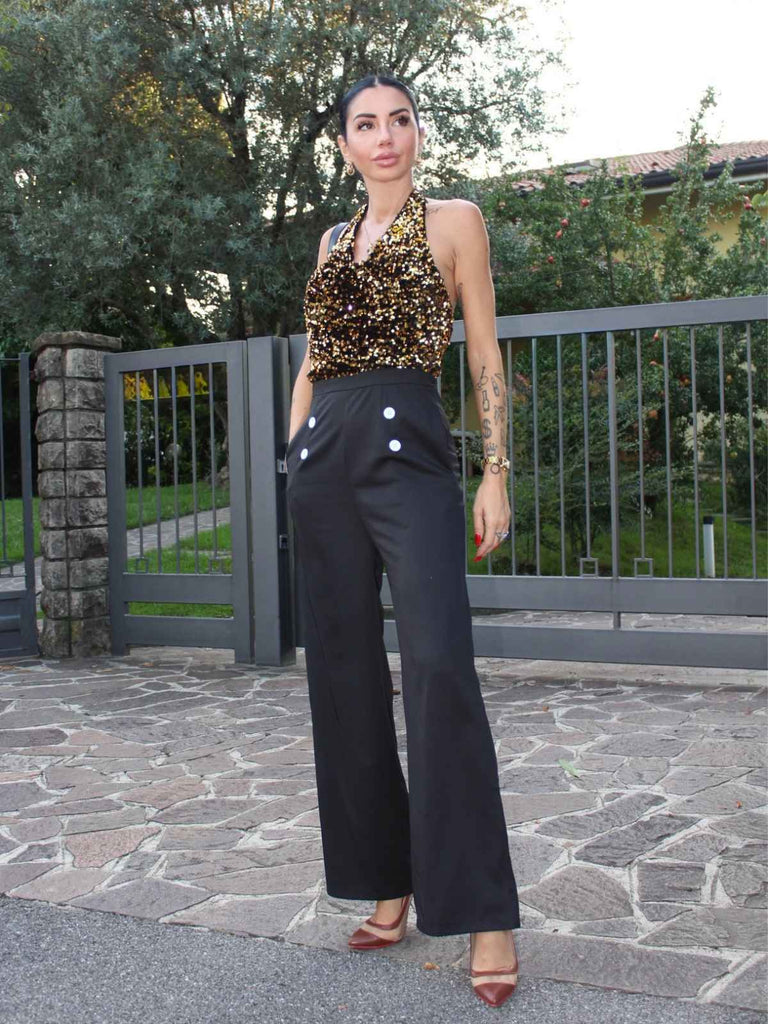 Gold 1930er Wasserfallausschnitt Pailletten Jumpsuit