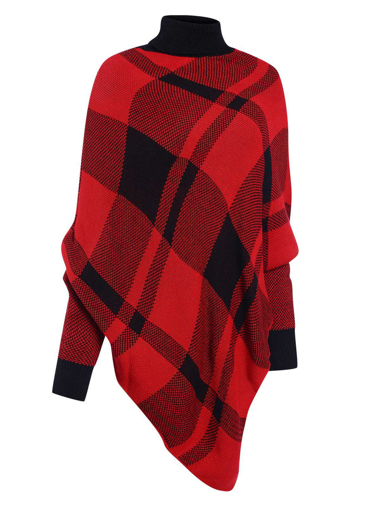 Grün 1950er Stehkragen Plaid Stricken Poncho Pullover