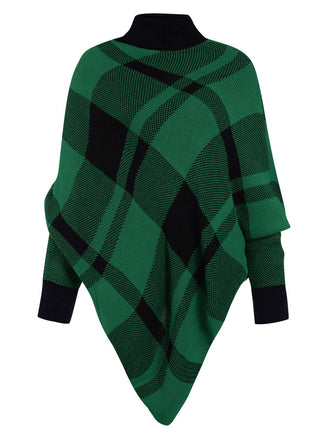 Grün 1950er Stehkragen Plaid Stricken Poncho Pullover