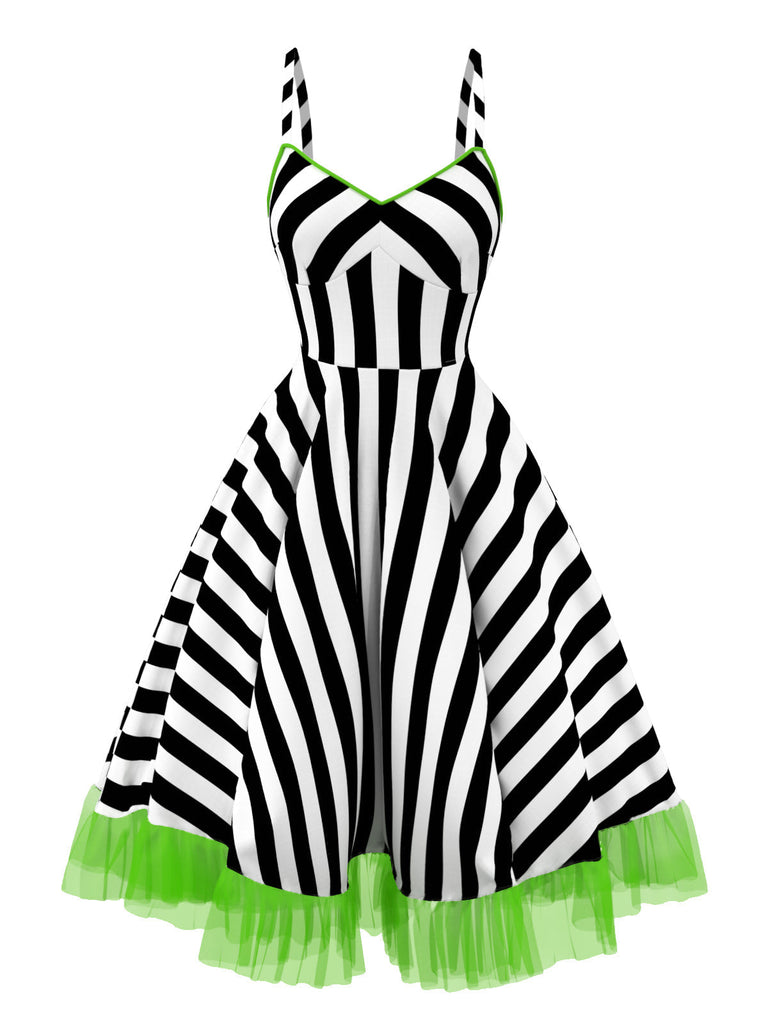 Schwarz & Weiß 1950er Beetlejuice Kostüm Streifen Fluoreszierend Grün Spitze Kleid