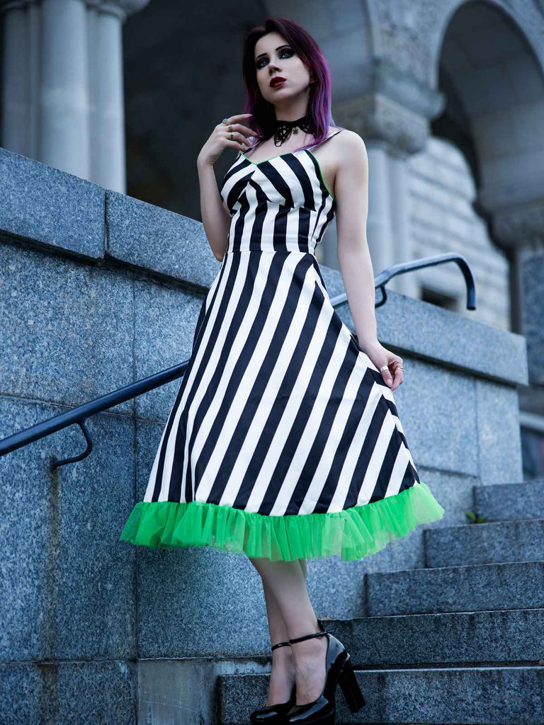 Schwarz&Weiß 1950er Streifen Fluoreszierend Grün Spitze Kleid