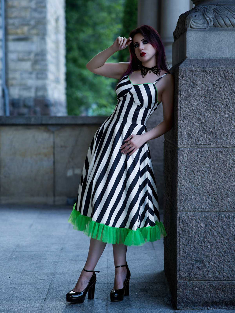 Schwarz&Weiß 1950er Streifen Fluoreszierend Grün Spitze Kleid