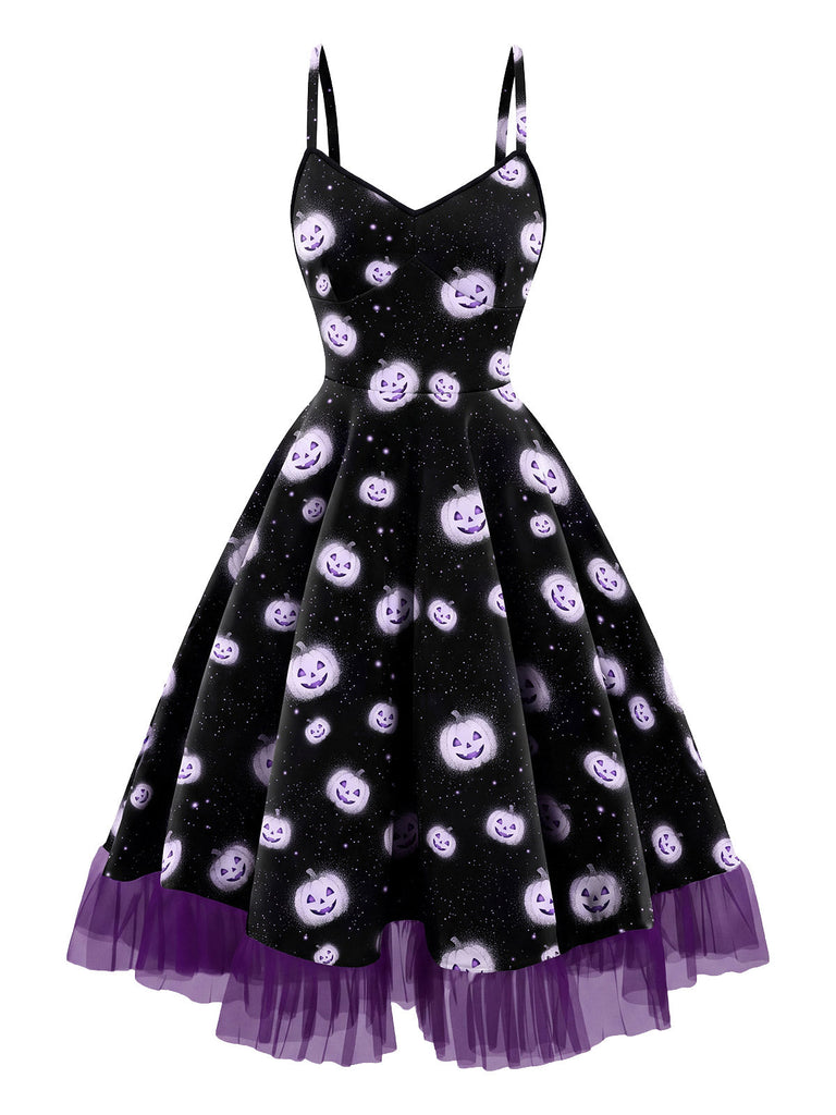 Schwarzes 50er Halloween-Swingkleid mit Kürbis-Print und Tüllsaum