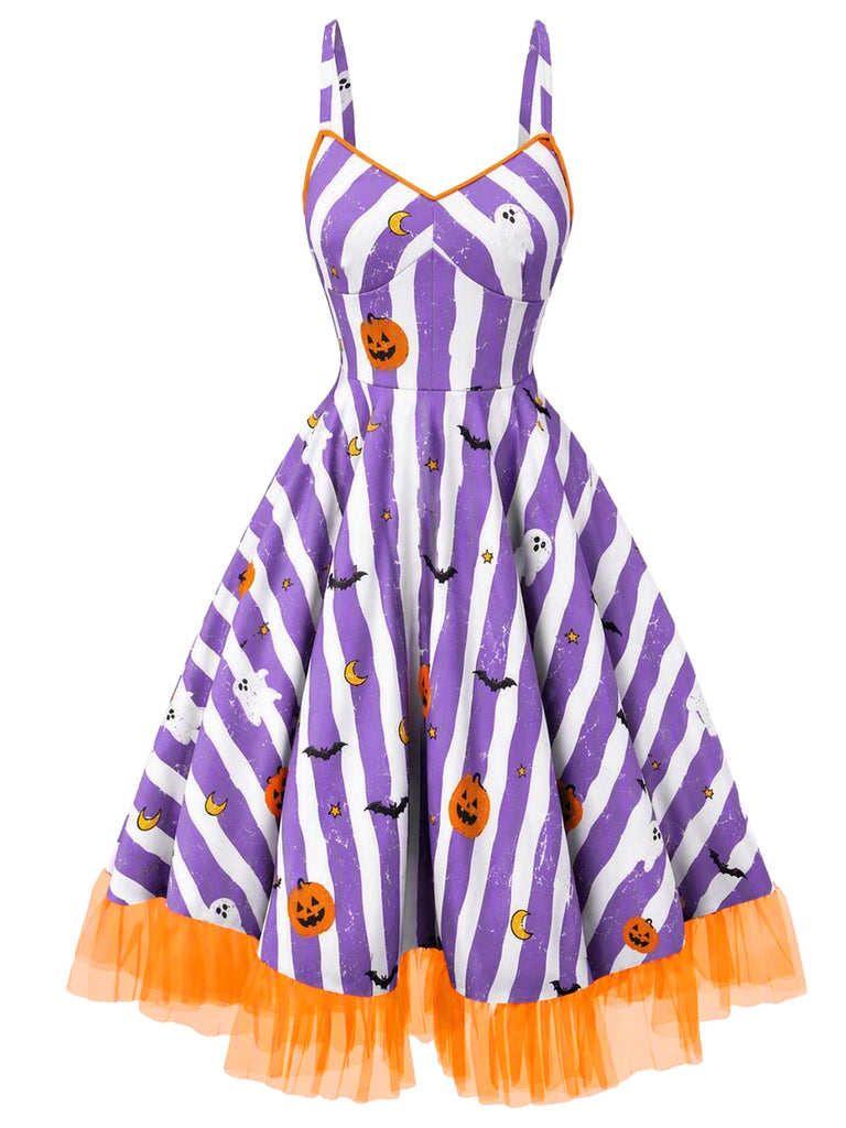 Schwarzes 50er Halloween-Swingkleid mit Kürbis-Print und Tüllsaum