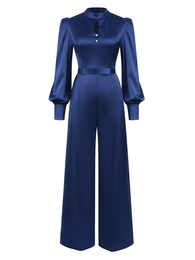 Blau 1930er Satin Bischofsärmel Jumpsuit