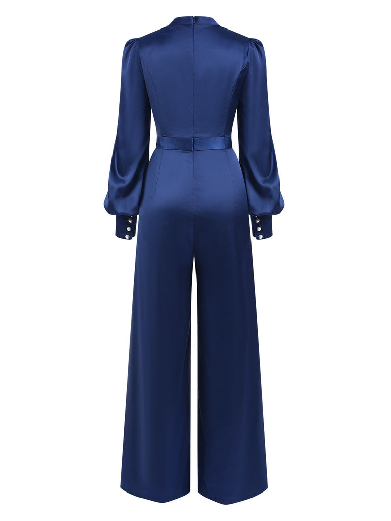Blau 1930er Satin Bischofsärmel Jumpsuit
