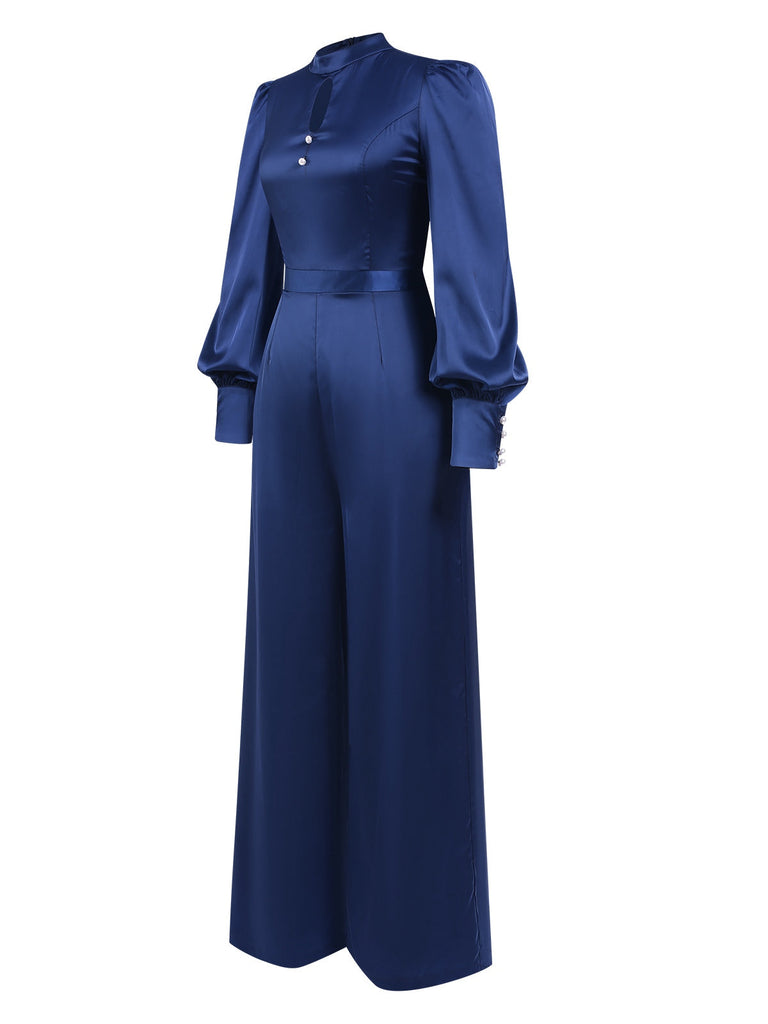 Blau 1930er Satin Bischofsärmel Jumpsuit