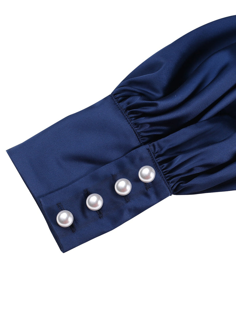 Blau 1930er Satin Bischofsärmel Jumpsuit