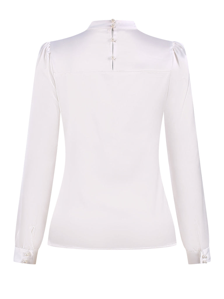 Weiß 1970er Satin Hoher Hals Solide Bluse