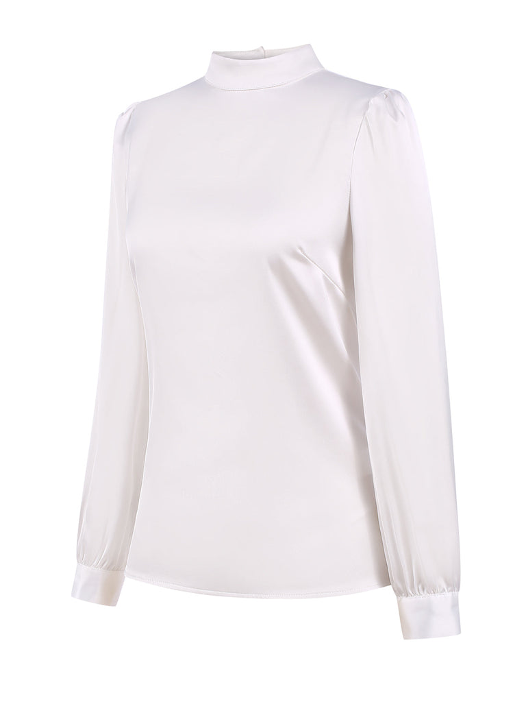 Weiß 1970er Satin Hoher Hals Solide Bluse