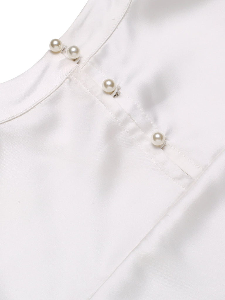 Weiß 1970er Satin Hoher Hals Solide Bluse