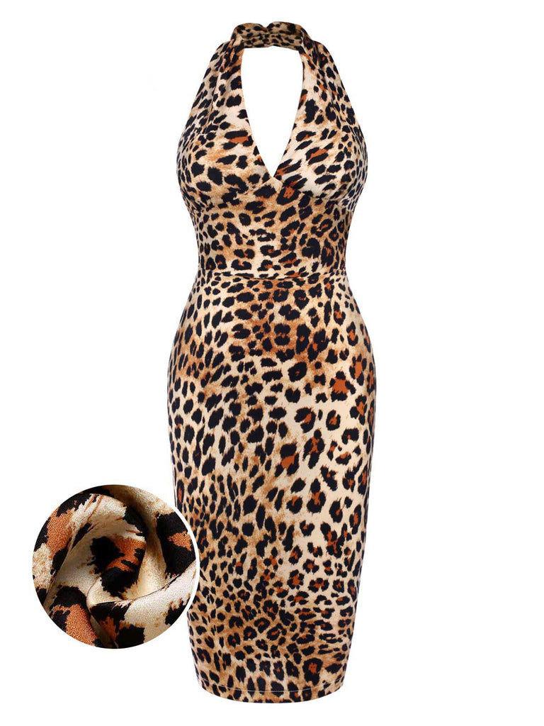 Braun 1960er Halter V-Ausschnitt Leopard Kleid