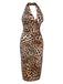 Braun 1960er Halter V-Ausschnitt Leopard Kleid