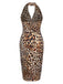 Braun 1960er Halter V-Ausschnitt Leopard Kleid