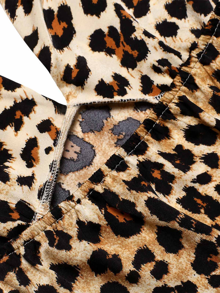 Braun 1960er Halter V-Ausschnitt Leopard Kleid