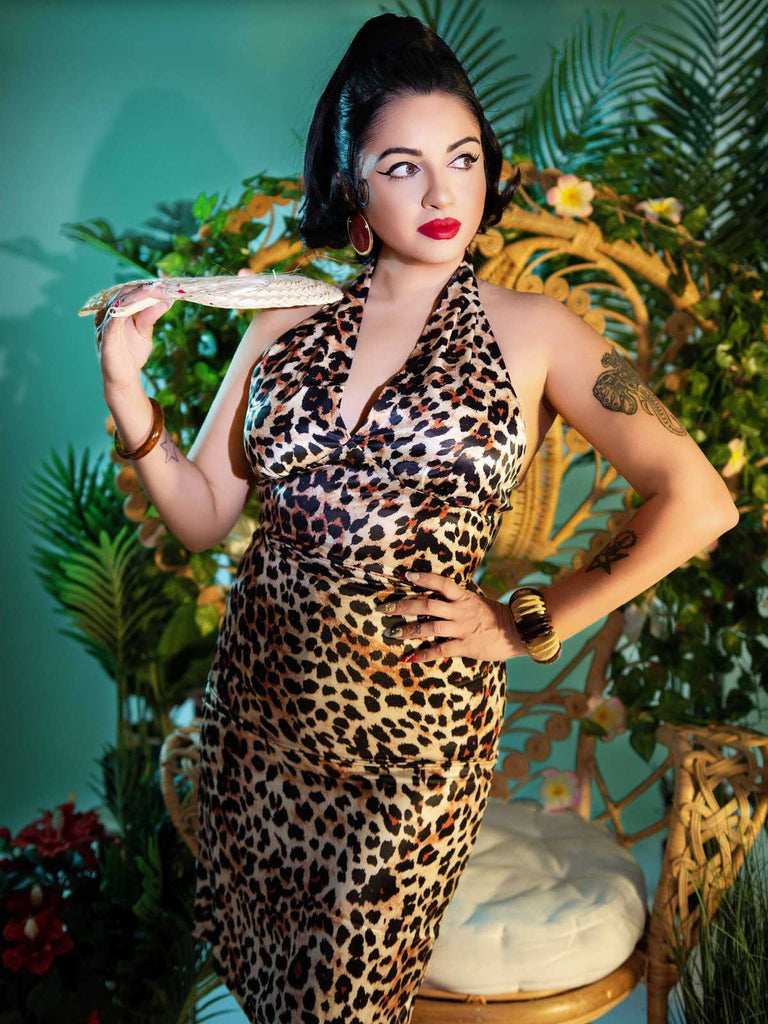 Braun 1960er Halter V-Ausschnitt Leopard Kleid