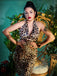 Braun 1960er Halter V-Ausschnitt Leopard Kleid