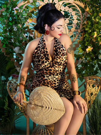 Braun 1960er Halter V-Ausschnitt Leopard Kleid