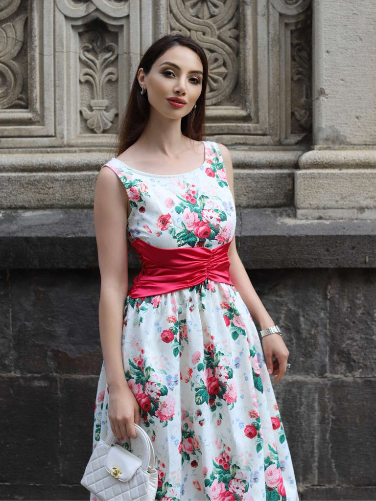 Multicolor 1950er Zurück-Bogen Antike Blumen Kleid