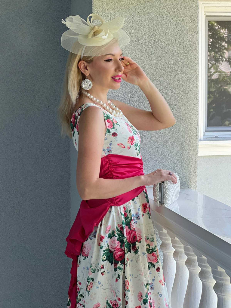 Multicolor 1950er Zurück-Bogen Antike Blumen Kleid