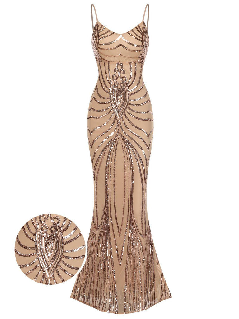 1930er Schnürung Rückenfrei Pailletten Maxi Kleid