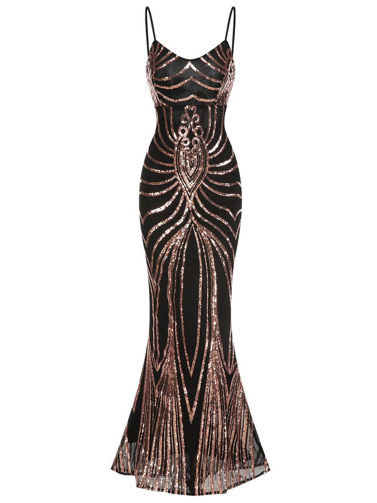 1930er Schnürung Rückenfrei Pailletten Maxi Kleid