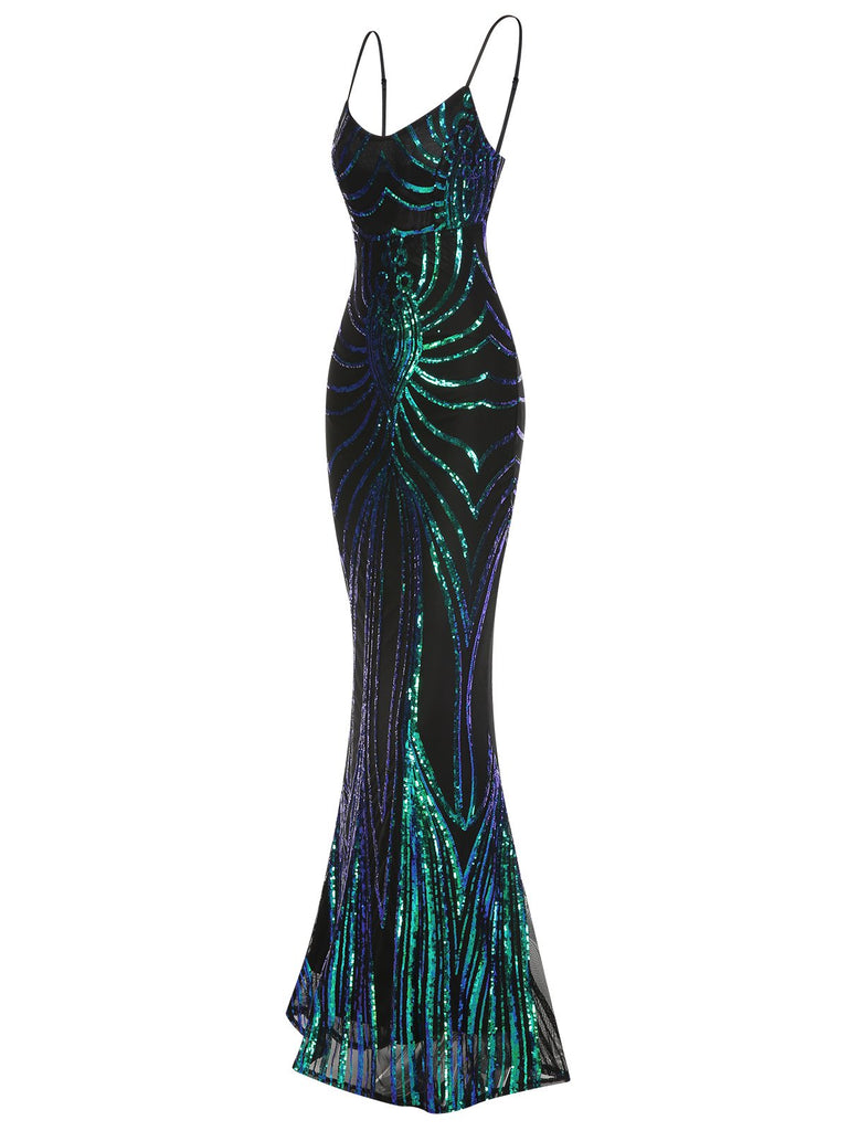 1930er Schnürung Rückenfrei Pailletten Maxi Kleid