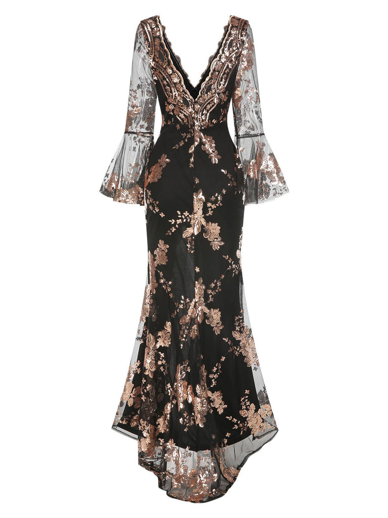 1920er Tiefer V-Ausschnitt Masche Pailletten Maxi Kleid