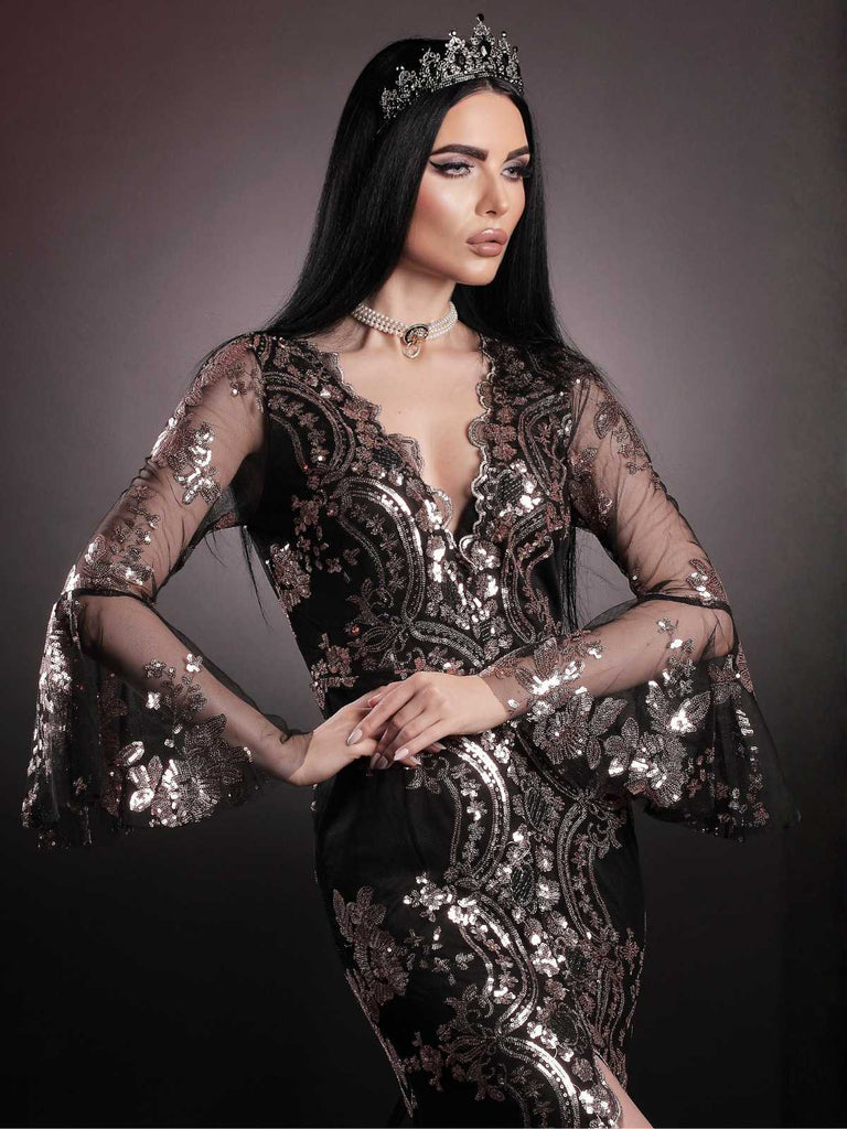 1920er Tiefer V-Ausschnitt Masche Pailletten Maxi Kleid