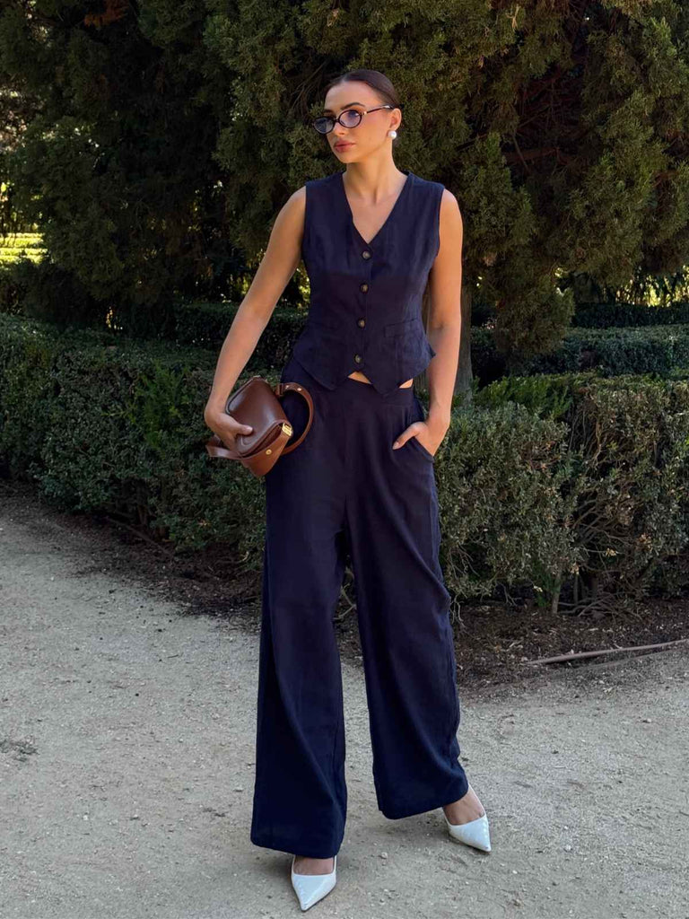 2PCS Dunkelblau 1960er Solide Ärmellos Blazer Suit