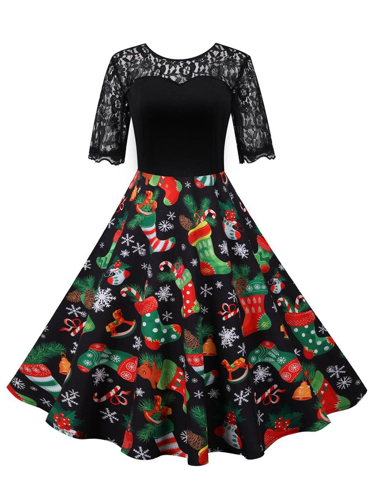 Schwarz 1950er Weihnachten Strumpf Spitze Patchwork Kleid