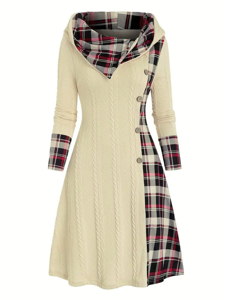 Weinrot 1950er Plaid Stricken Kapuze Kleid