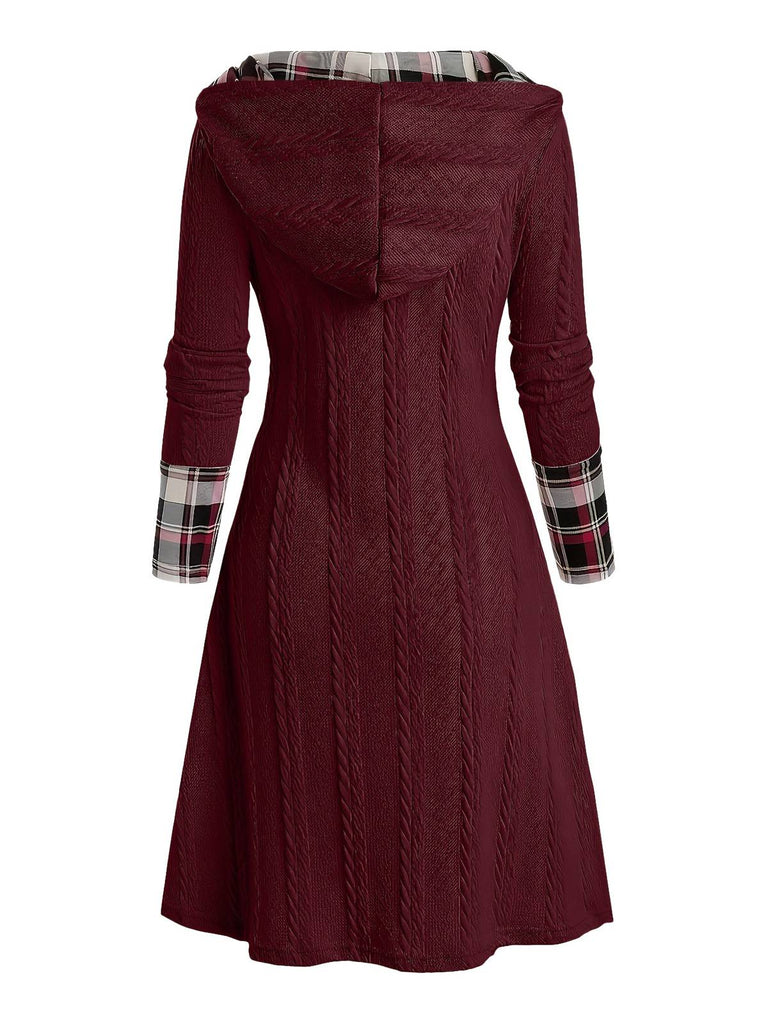 Weinrot 1950er Plaid Stricken Kapuze Kleid