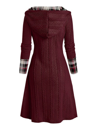Weinrot 1950er Plaid Stricken Kapuze Kleid