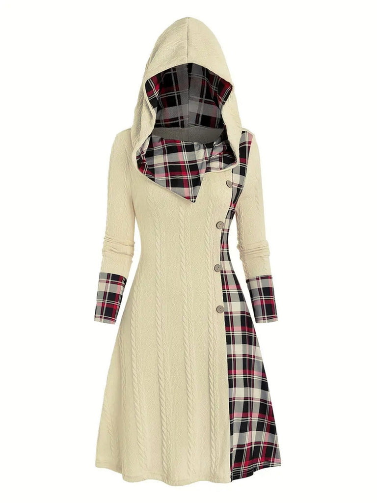 Weinrot 1950er Plaid Stricken Kapuze Kleid