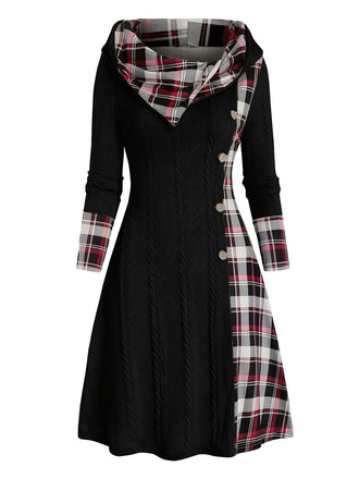 Schwarz 1950er Plaid Stricken Kapuze Kleid