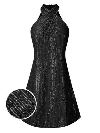 Schwarz 1980er Halter Schulterfrei Pailletten Kleid