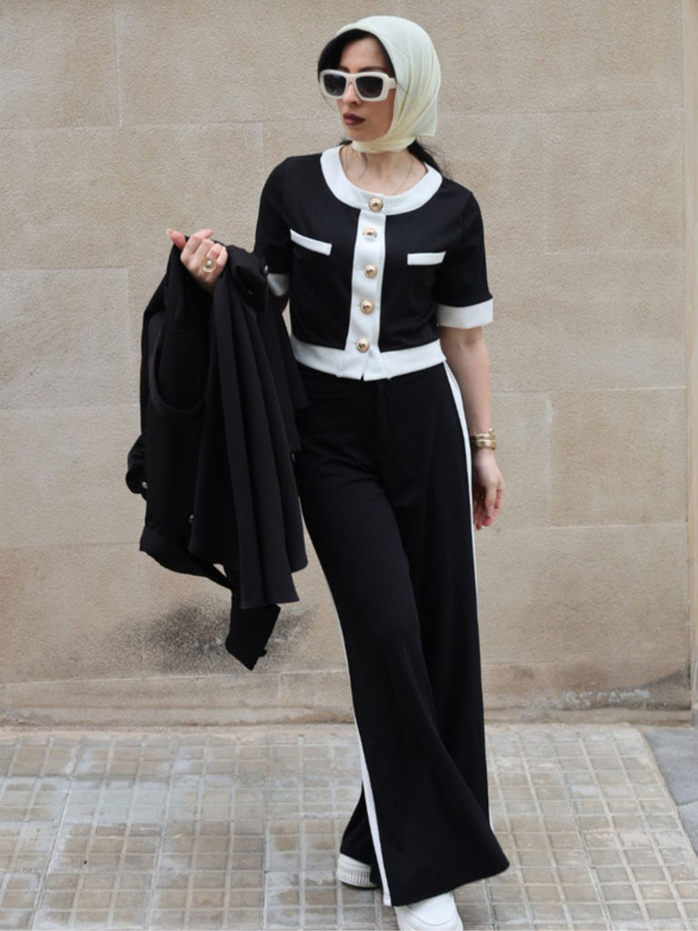 2PCS Schwarz 1960er Solide Knöpfen Top & Hosen