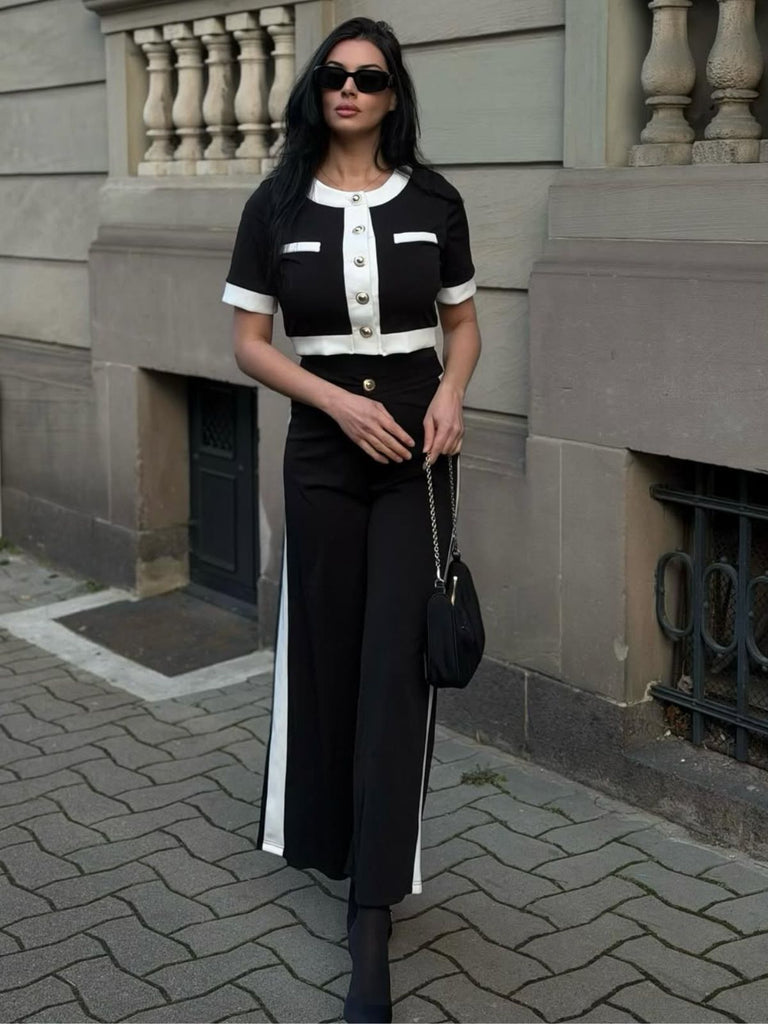 2PCS Schwarz 1960er Solide Knöpfen Top & Hosen