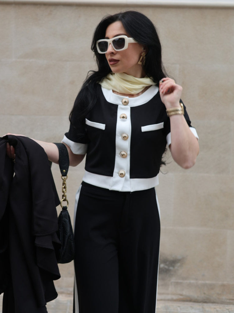 2PCS Schwarz 1960er Solide Knöpfen Top & Hosen