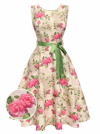 Multicolor 1950er Rose Bildhaft Gürtel Kleid