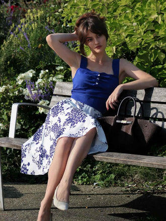 [Vorverkauf] Blau 1950er Blumen Knöpfen Sweetheart-Kragen Kleid