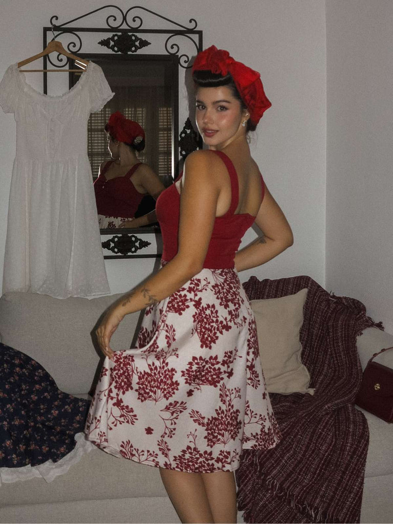 Rot 1950er Blumen Knöpfen Sweetheart-Kragen Kleid