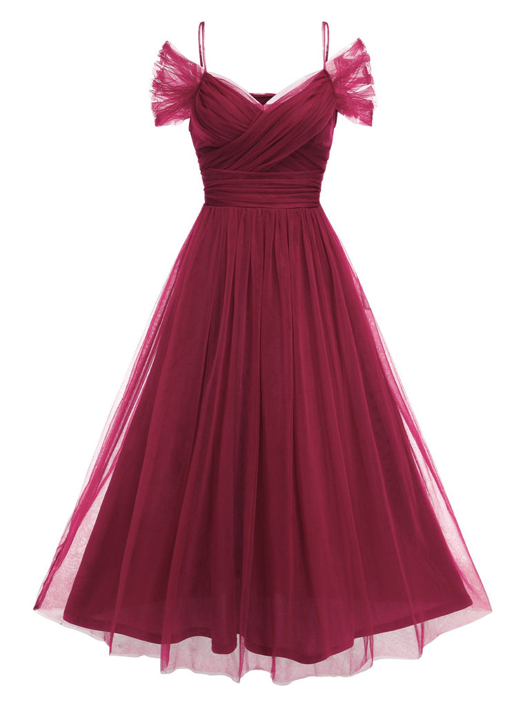 Rot 1950er Spaghetti Träger Schulterfrei Masche Kleid