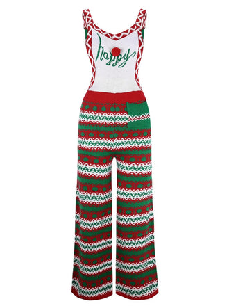 Grün 1970er Weihnachten Träger Stricken Jumpsuit