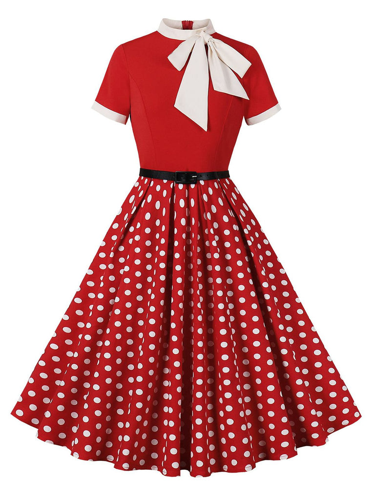 [Vorverkauf] 1950er Krawattenhals Polka Dots Gürtel Kleid